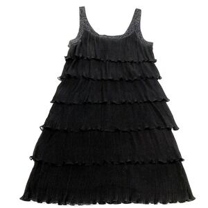 Patra Tiered Pleated Dress Womens 16 Black Chiffon Beaded‎ Sleeveless Flowy LBD